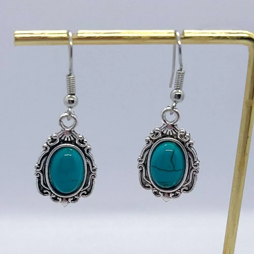 Western Turquoise Oval Beaded Silver Dangle Earrings Bohemian Tribal Jewelry